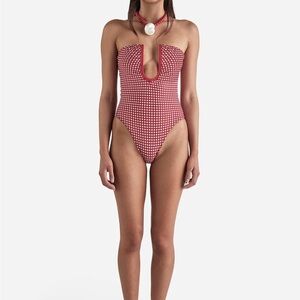 Strapless Red Gingham Plunge One-Piece Swimsuit